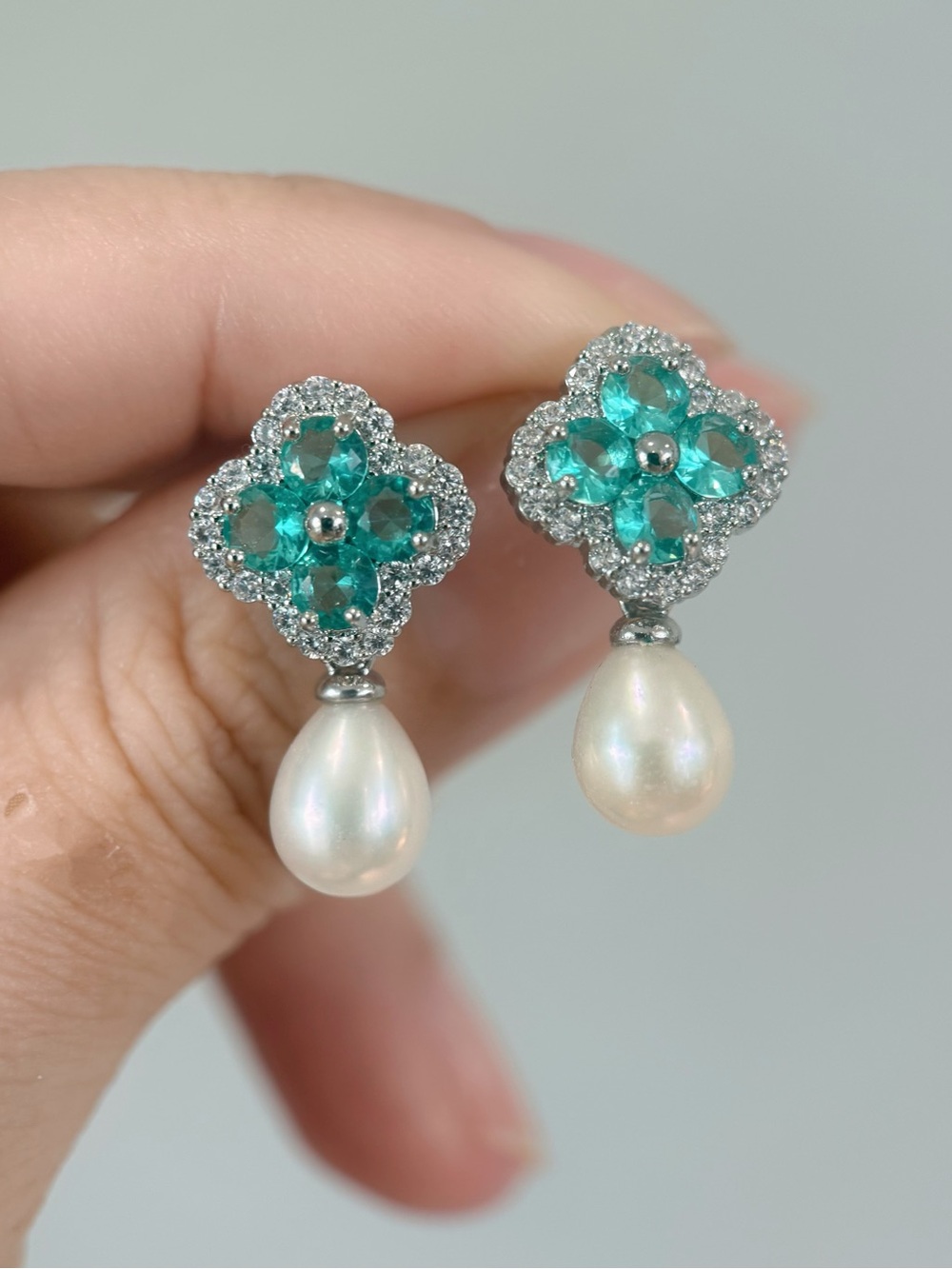 Real Pearl Drop Earrings with Teal Gem Four Leaf Clover Floral Accents
